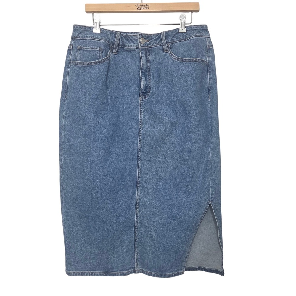 Ava & Viv Women's Waist 34" Blue Denim Midi Skirt Side Slit Medium Wash Stretch